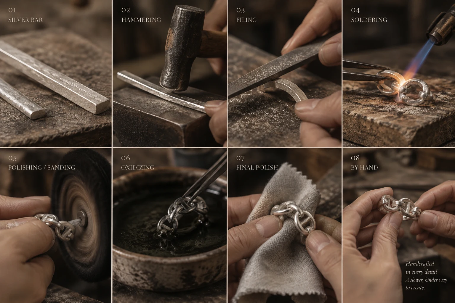 Eight stages of handcrafting a silver piece