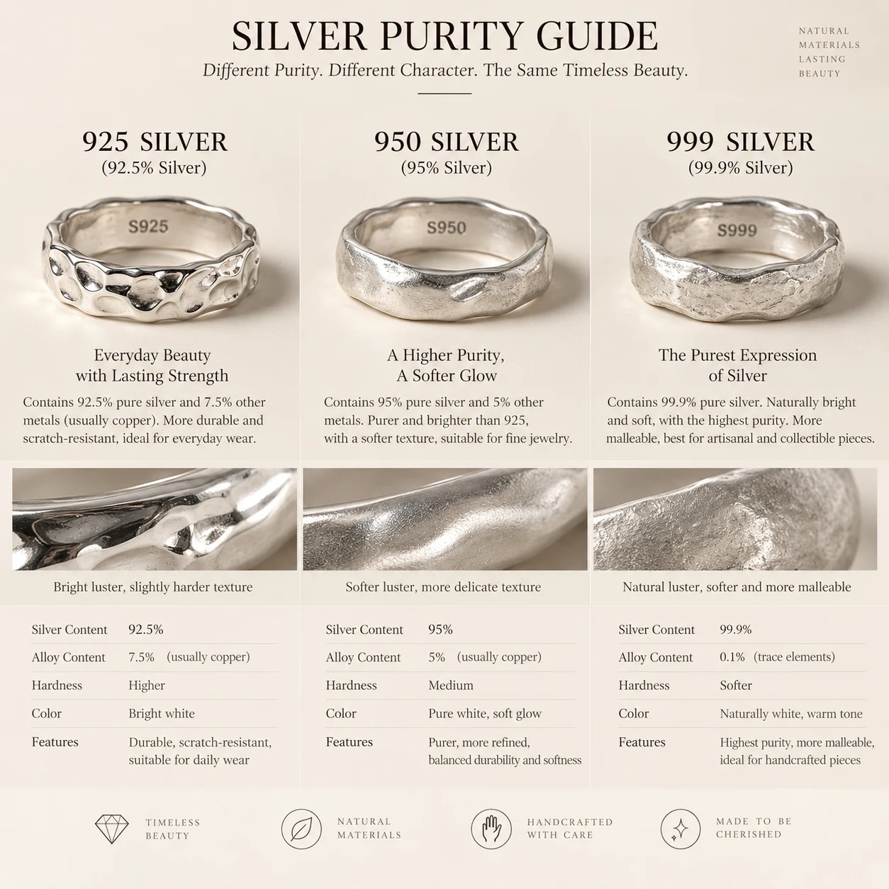 Guide comparing 925, 950 and 999 silver