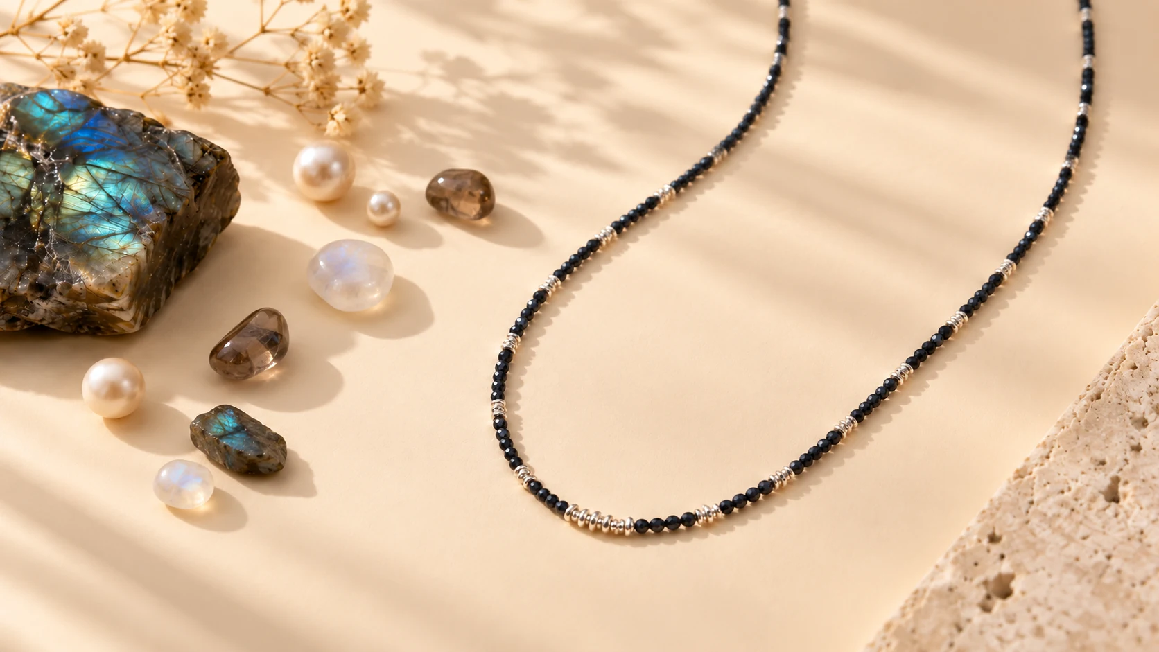 Silver and black spinel necklace with labradorite, pearl and natural stones