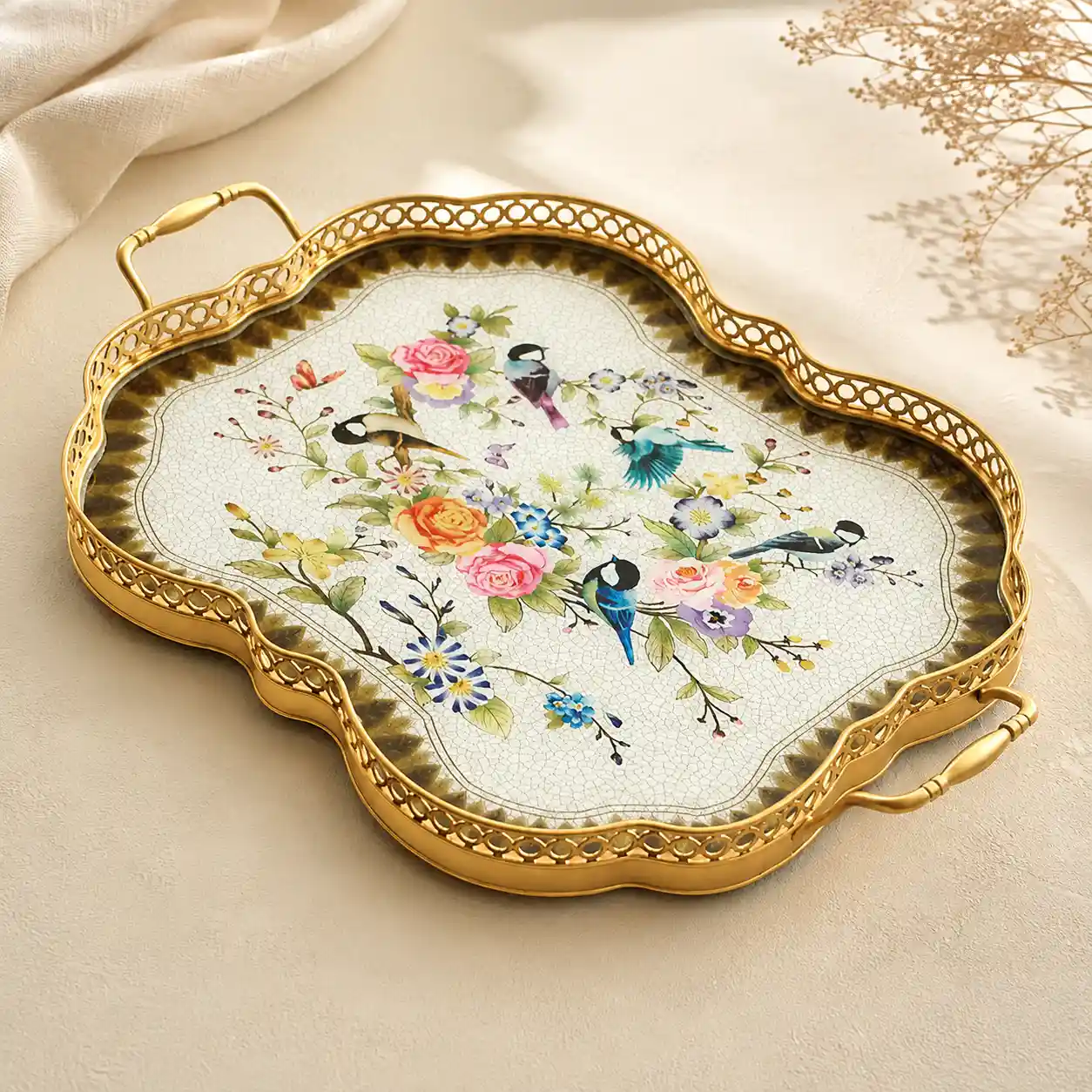 Blue Garden Birds Vintage Decorative Tray detail 4