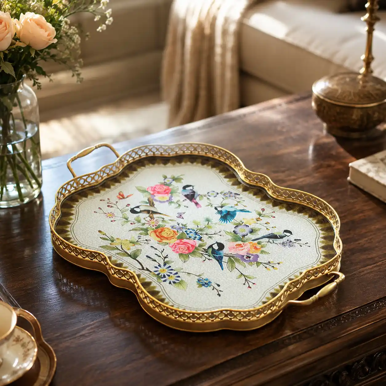 Blue Garden Birds Vintage Decorative Tray detail 3