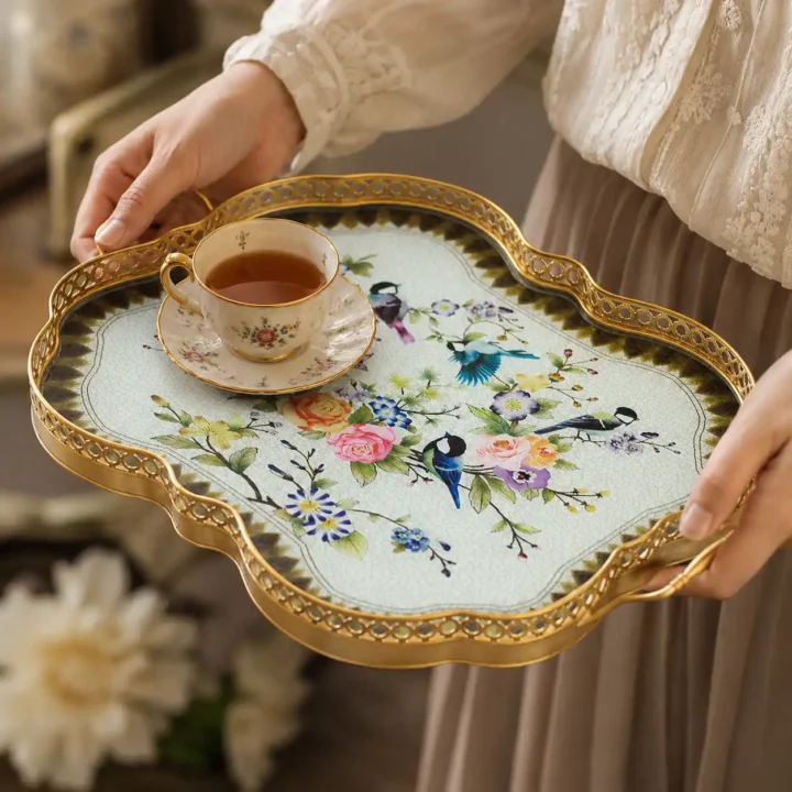 Blue Garden Birds Vintage Decorative Tray styled or worn view