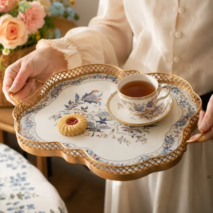 Blue Peacock Botanical Vintage Tray styled or worn view