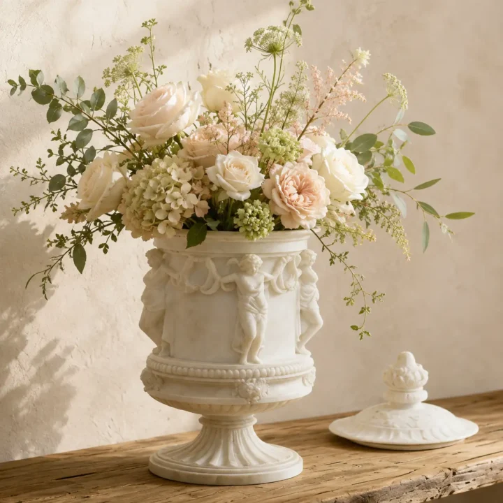 Garden of Light Classical Cherub Resin Urn styled or worn view