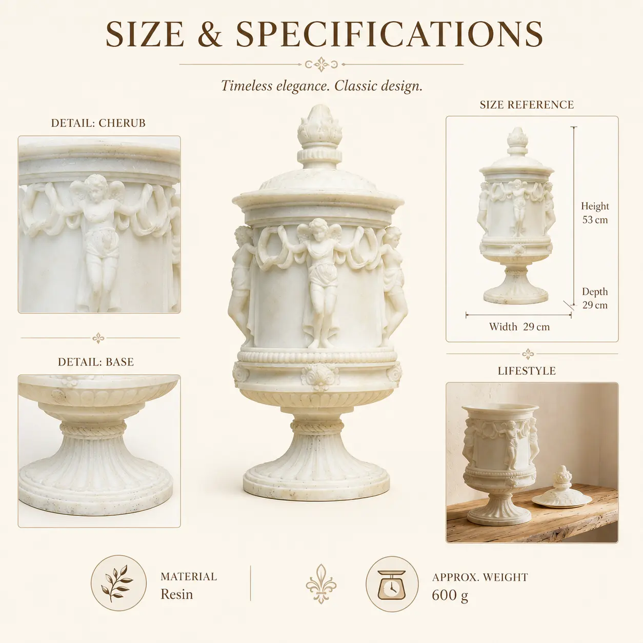 Garden of Light Classical Cherub Resin Urn detail 7