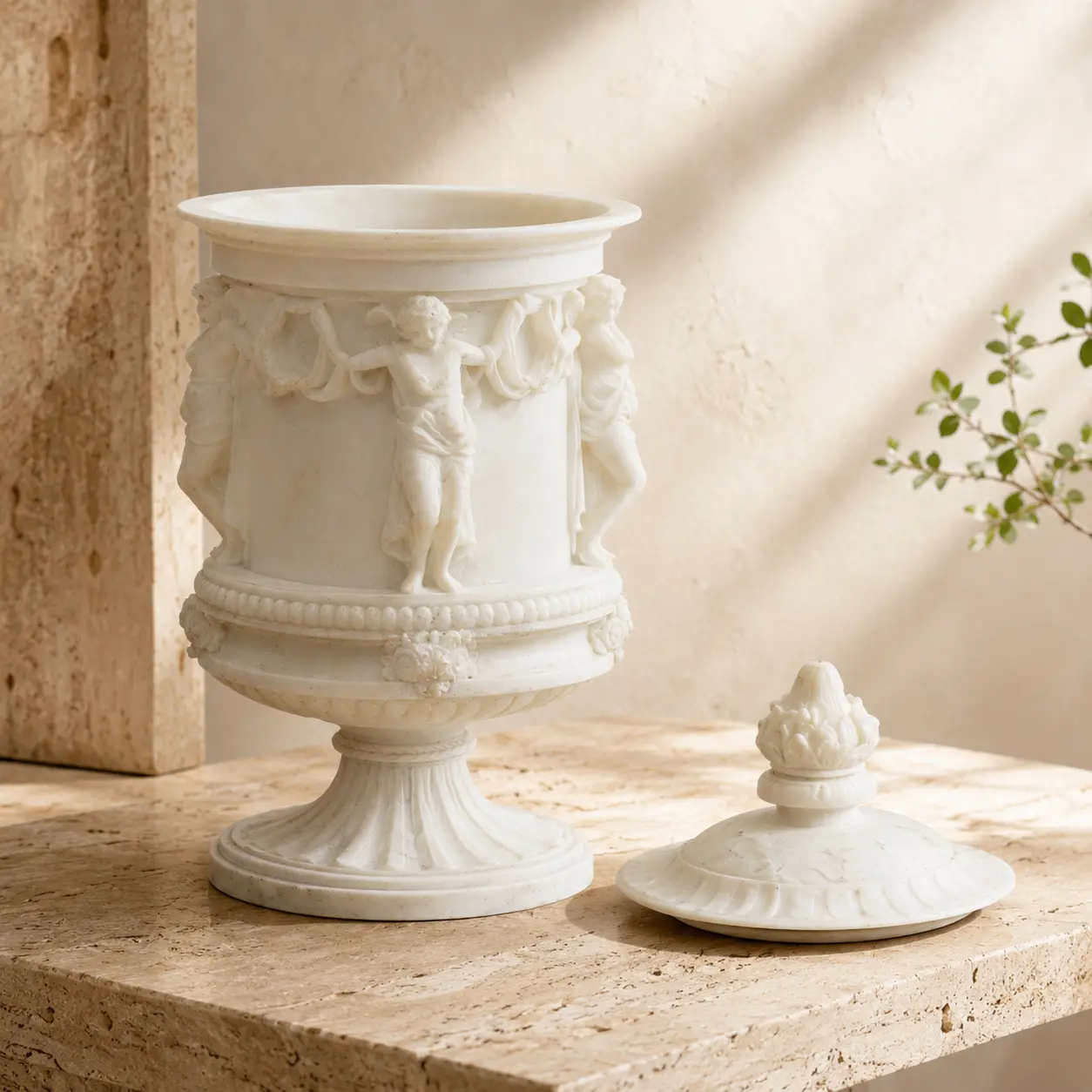 Garden of Light Classical Cherub Resin Urn detail 4
