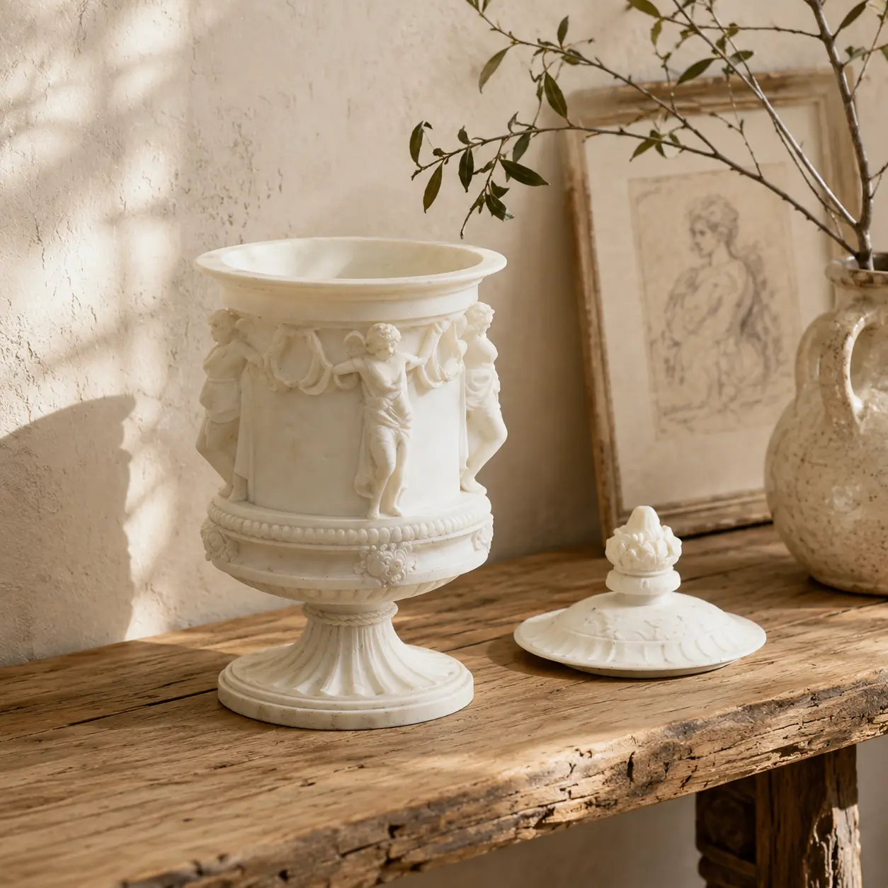 Garden of Light Classical Cherub Resin Urn detail 3