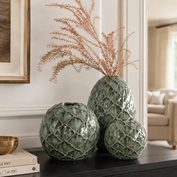 TRIJORA Celadon Textured Ceramic Vase Collection Inspired by Nature, Crafted with Timeless Elegance Design Story Inspired by natural textures and organic forms, this ceramic vase collection combines traditional craftsmanship with modern home aesthetics. The raised scale-like surface creates a unique play of light and shadow, while the soft celadon glaze brings a calm and elegant atmosphere. Each piece is carefully crafted with its own texture and character, making it a timeless decorative accent for any space. More than a vase, it is a piece of ceramic art that connects nature, craftsmanship, and everyday living. Product Details Oval Celadon Vase Model: TR-IF-CV-26004-01 Material: Ceramic Finish: Glazed Size: 19.5 × 25.5 cm Shape: Oval Round Celadon Vase (Large) Model: TR-IF-CV-26004-02 Material: Ceramic Finish: Glazed Size: 19.5 × 17 cm Shape: Round Round Celadon Vase (Small) Model: TR-IF-CV-26004-03 Material: Ceramic Finish: Glazed Size: 14.2 × 12.7 cm Shape: Round Design Highlights Natural Texture Inspired by leaves and organic patterns, the layered relief surface adds depth and artistic character. Celadon Glaze Finish The soft green glaze creates a refined balance between nature and elegance. Sculptural Decoration Designed to complement living rooms, entryways, dining tables, bedrooms, and boutique spaces. Perfect with: Dried branches Fresh flowers Minimal greenery Botanical arrangements Handmade Note Each vase is individually crafted, so slight variations in color, texture, glaze, and shape may occur. These natural differences are not imperfections, but the unique signature of handmade ceramic art. A timeless piece bringing quiet beauty and natural harmony into modern homes.