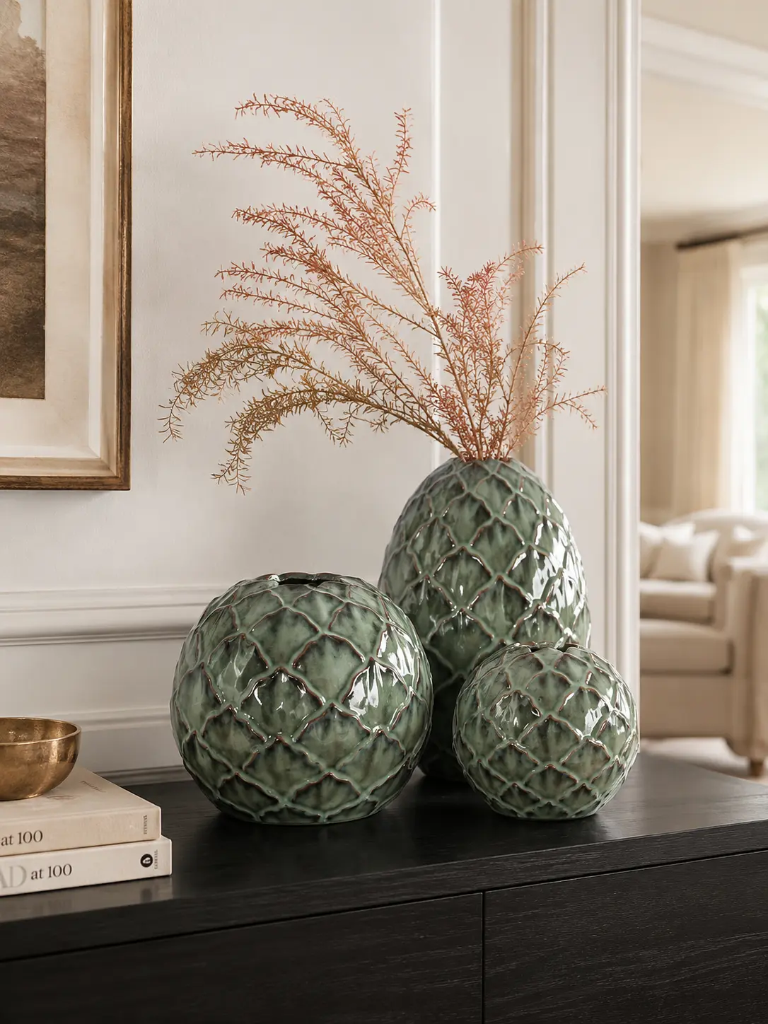 TRIJORA Celadon Textured Ceramic Vase Collection