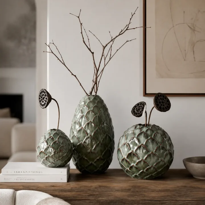 TRIJORA Celadon Textured Ceramic Vase Collection styled or worn view