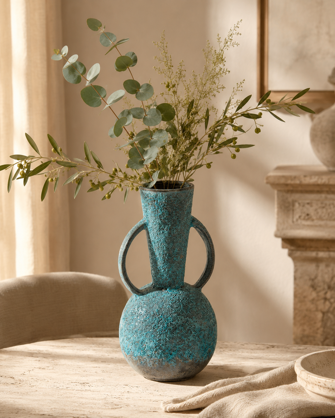 Blue Double-Handle Ceramic Vase detail 2