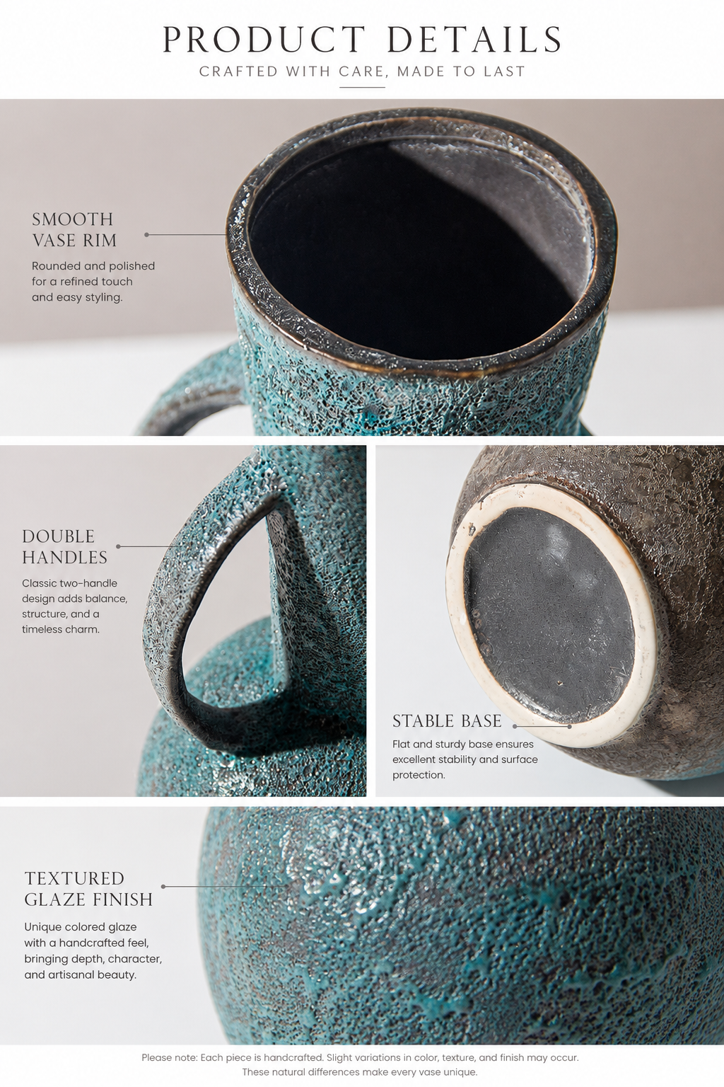 Blue Double-Handle Ceramic Vase detail 3
