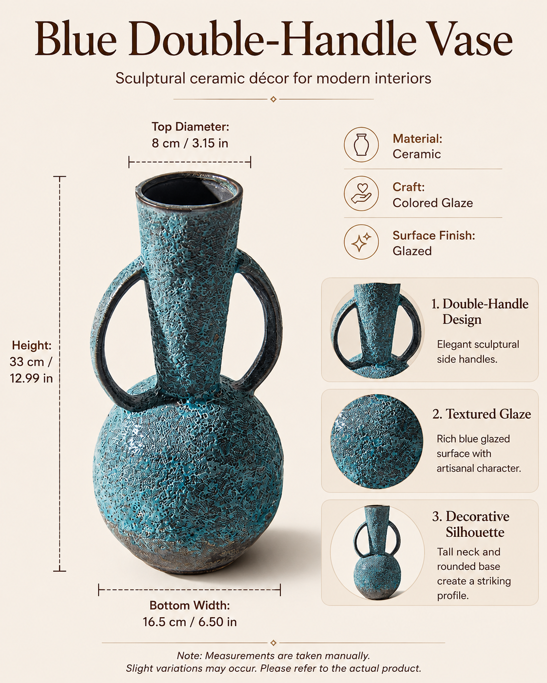 Blue Double-Handle Ceramic Vase detail 4