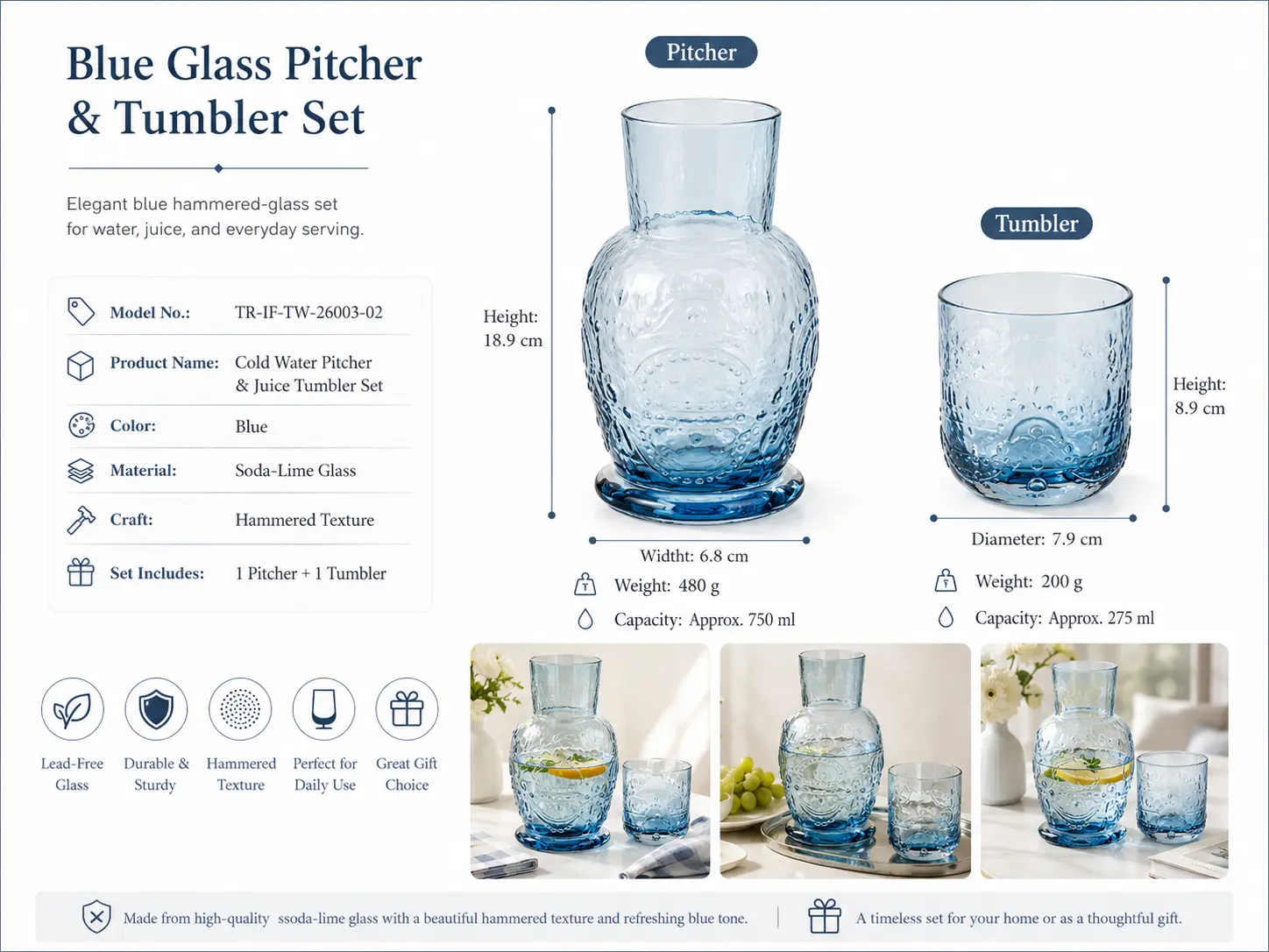 STILL WATER — Hammered Glass Pitcher & Tumbler Set detail 7