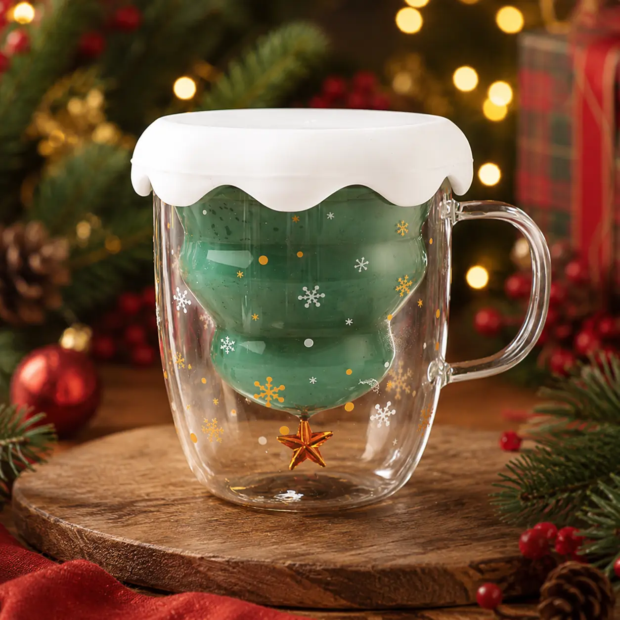 TRIJORA Christmas Tree Double-Wall Glass Mug detail 2