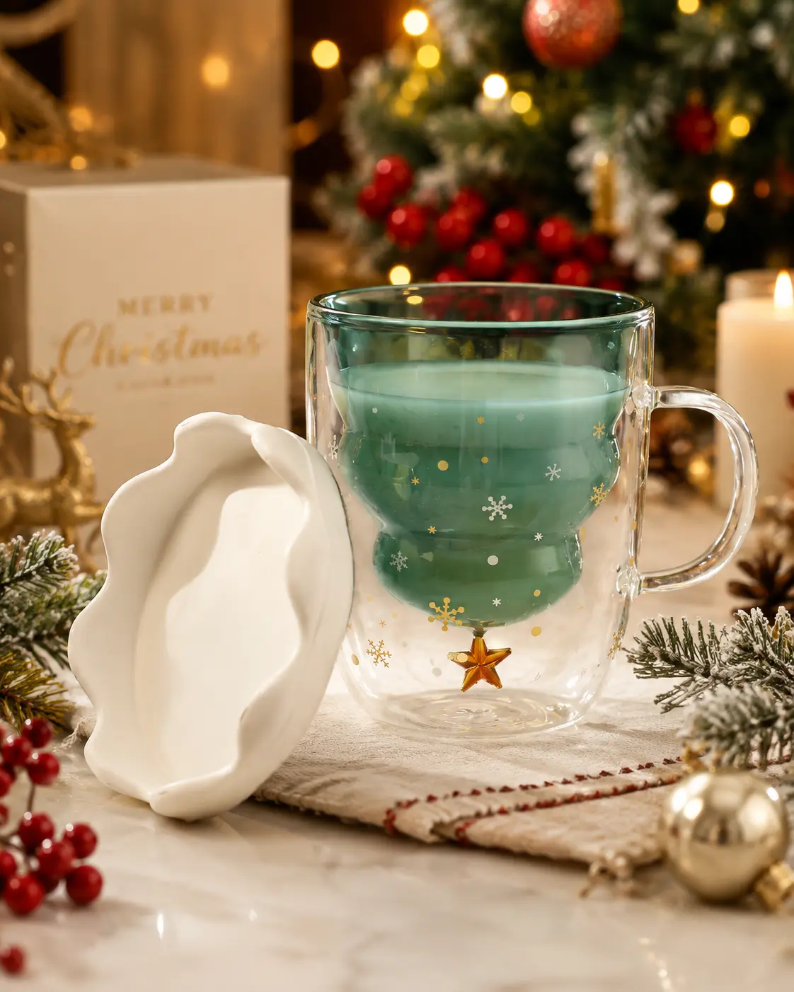 TRIJORA Christmas Tree Double-Wall Glass Mug detail 3