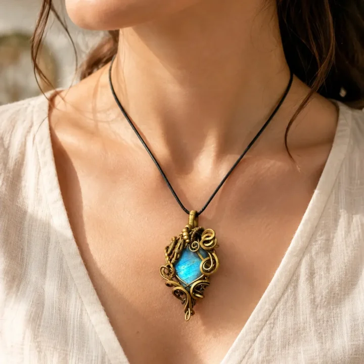 FLOWSTATE Labradorite Wire-Wrapped Pendant styled or worn view