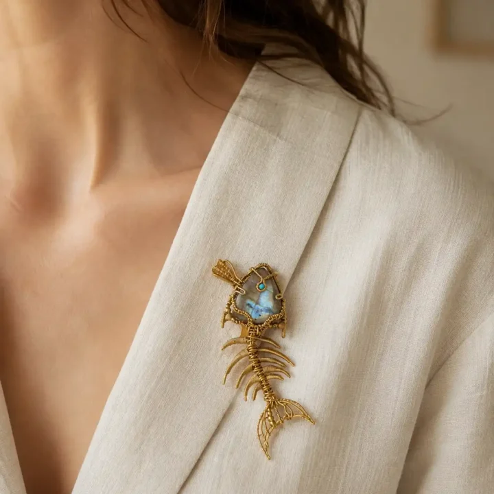 SUNKEN FISH Labradorite Fishbone Brooch styled or worn view