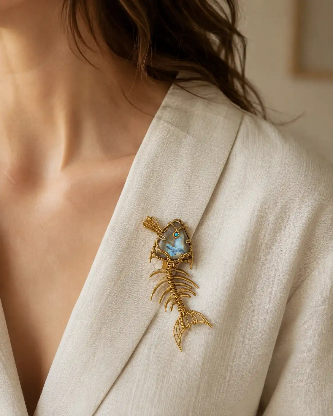 SUNKEN FISH Labradorite Fishbone Brooch detail 2