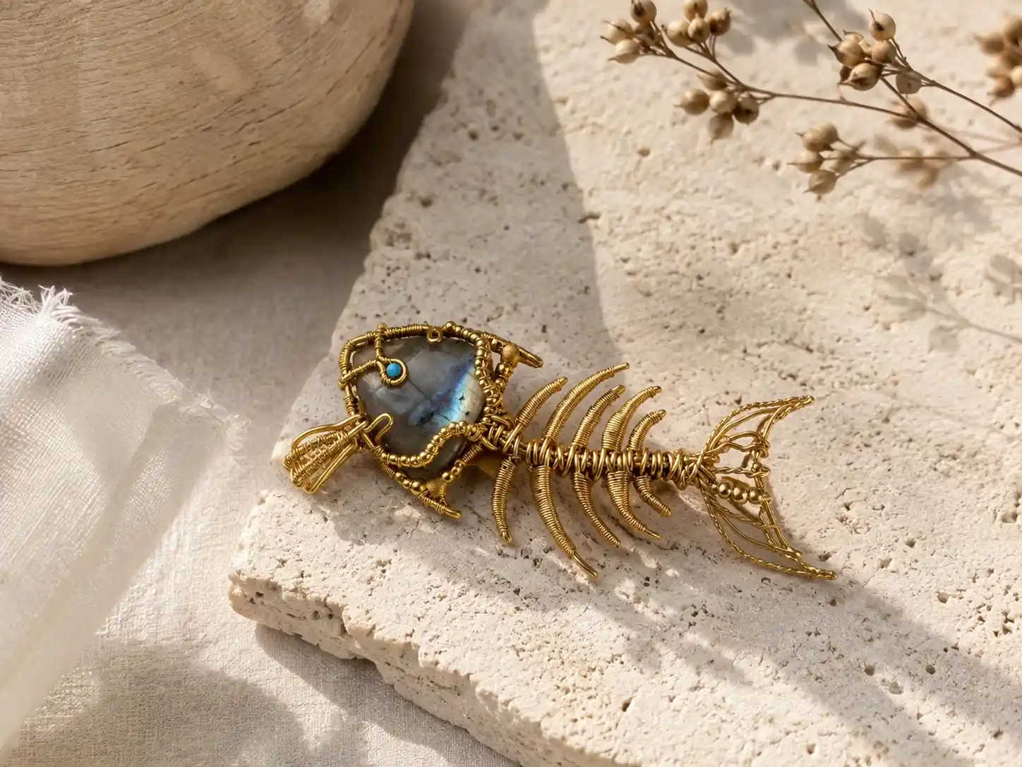 SUNKEN FISH Labradorite Fishbone Brooch detail 3