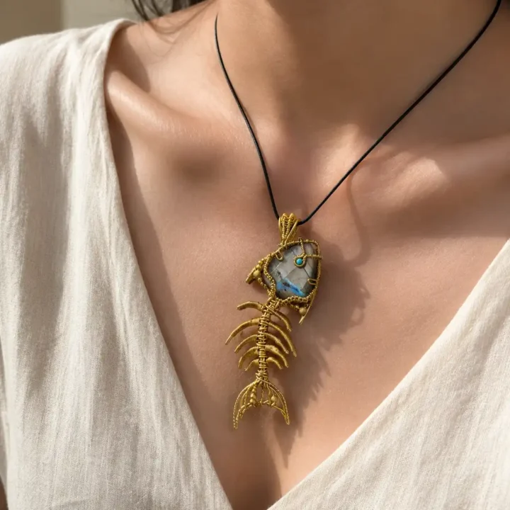 BLUE DRIFT Labradorite Fishbone Pendant styled or worn view