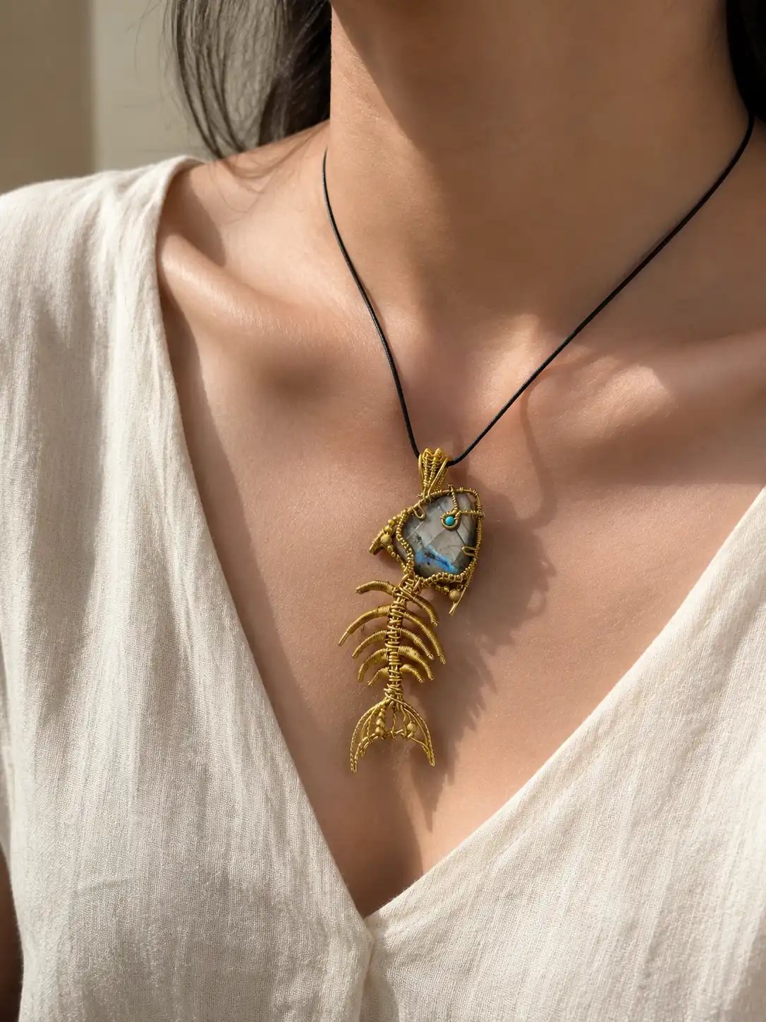 BLUE DRIFT Labradorite Fishbone Pendant detail 9