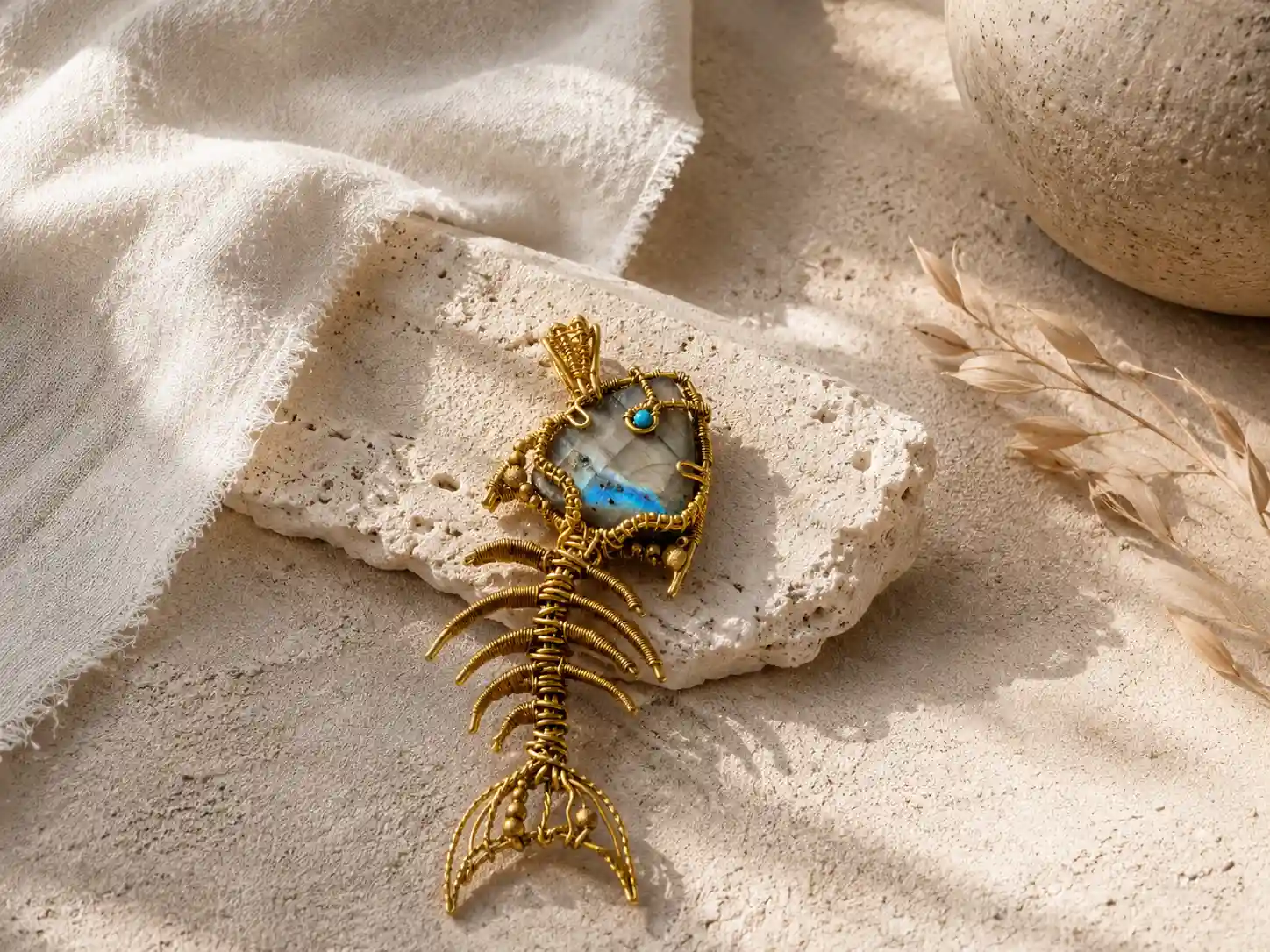 SUNKEN FISH Labradorite Fishbone Brooch
