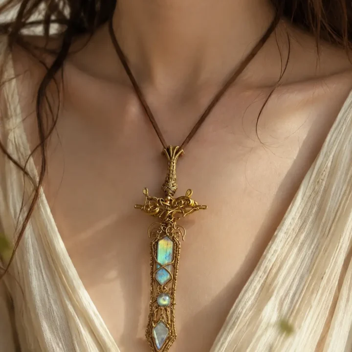 Wire-Wrapped Labradorite Sword styled or worn view