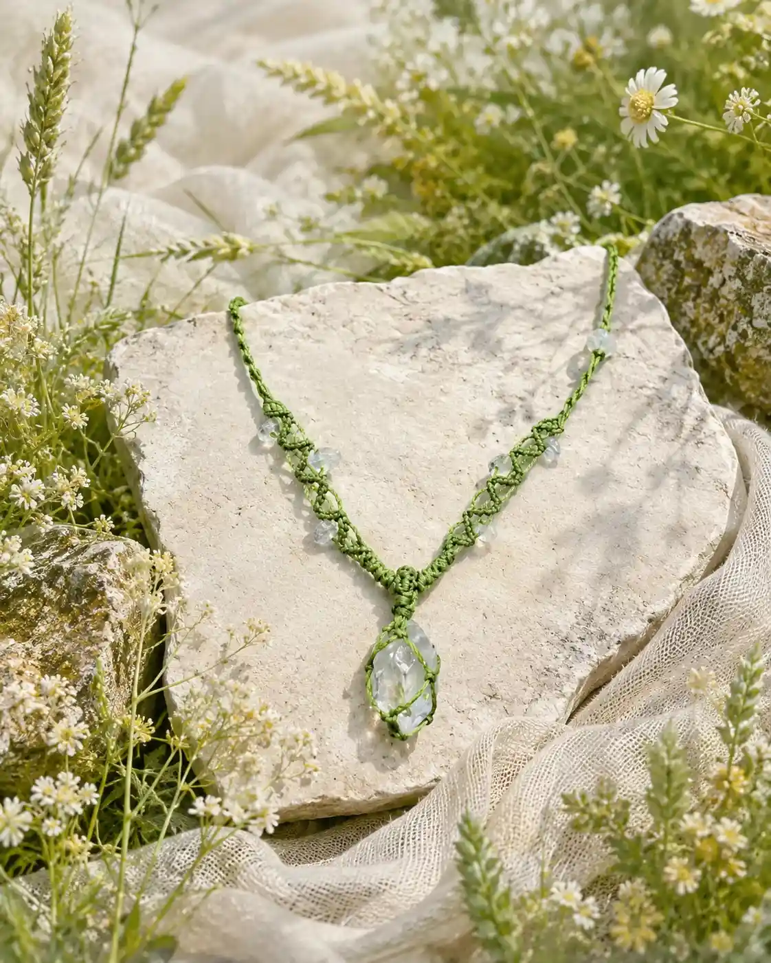 FOREST DEW White Crystal Macramé Necklace