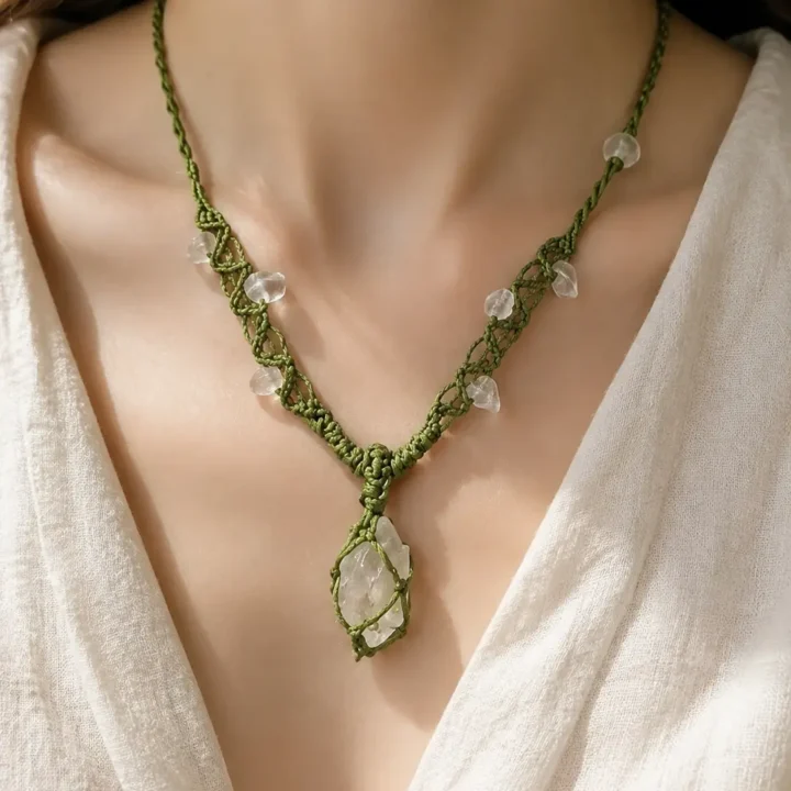 FOREST DEW White Crystal Macramé Necklace styled or worn view