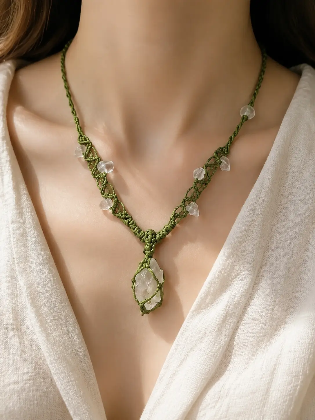 FOREST DEW White Crystal Macramé Necklace detail 2