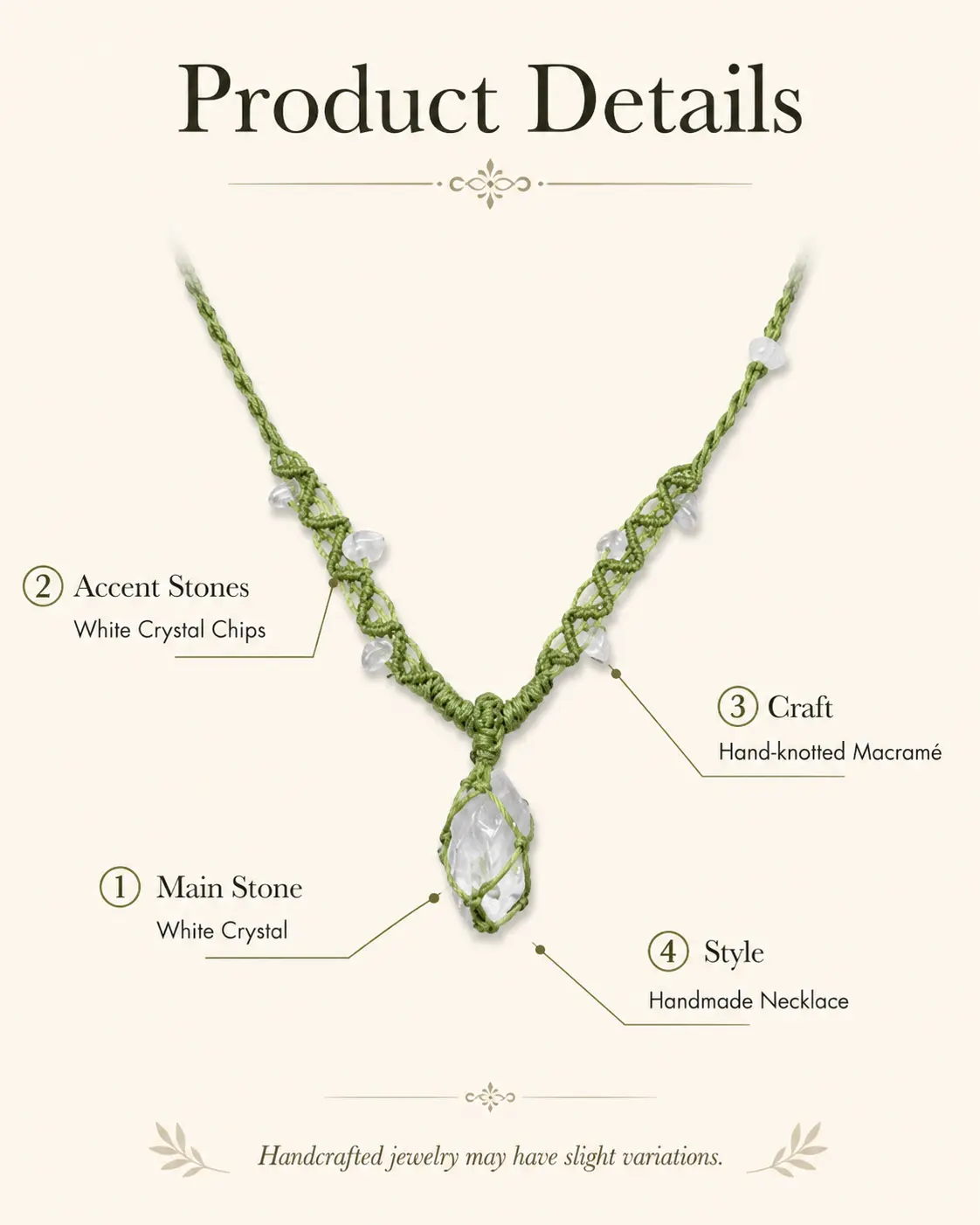 FOREST DEW White Crystal Macramé Necklace detail 5