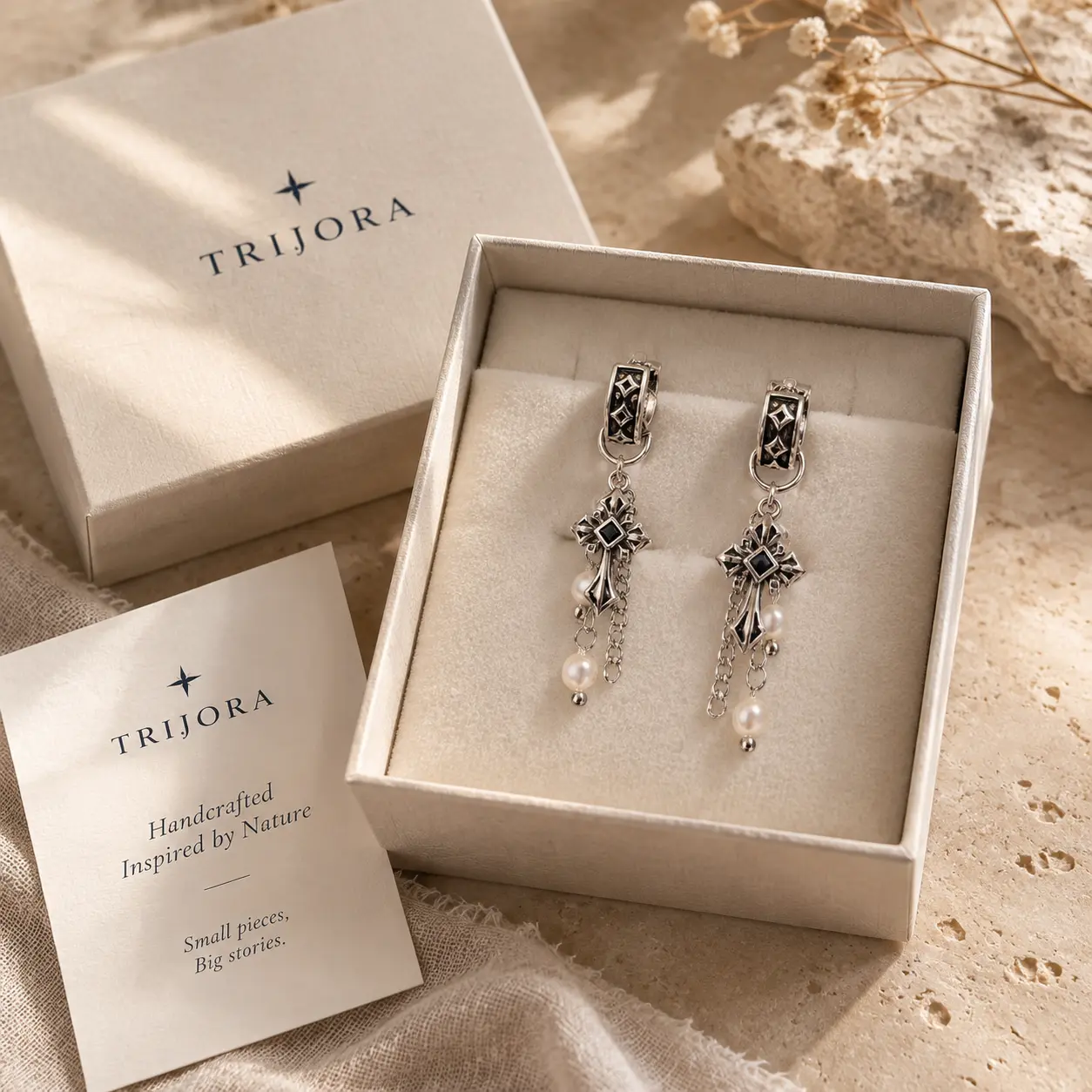 TRIJORA Gothic Cross Tassel Pearl Earrings detail 11