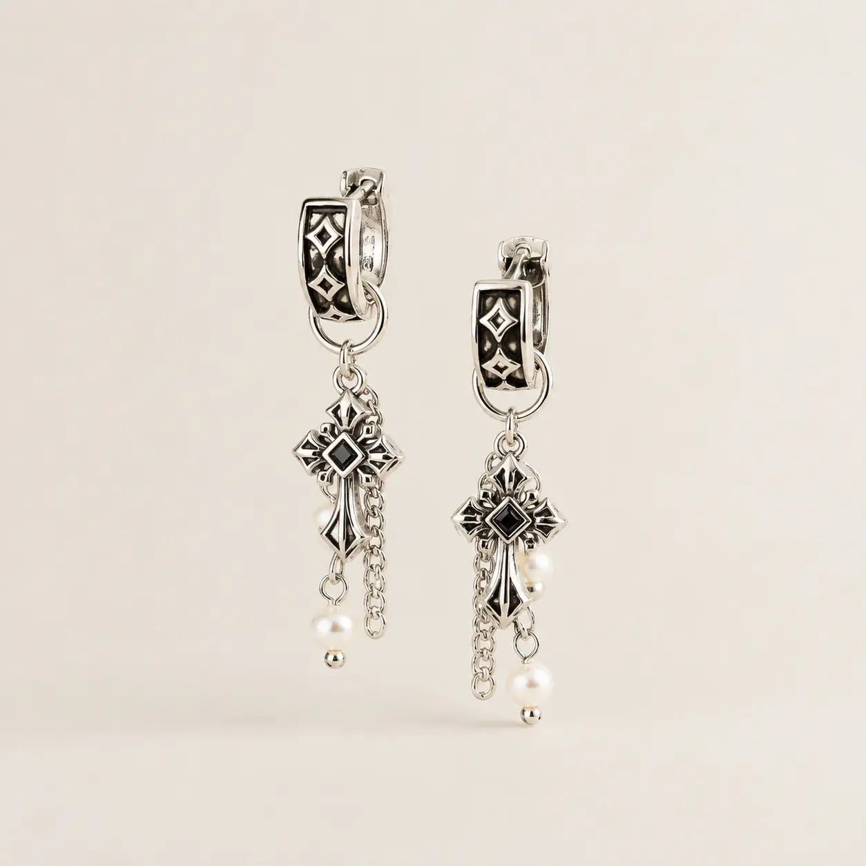 TRIJORA Gothic Cross Tassel Pearl Earrings detail 10