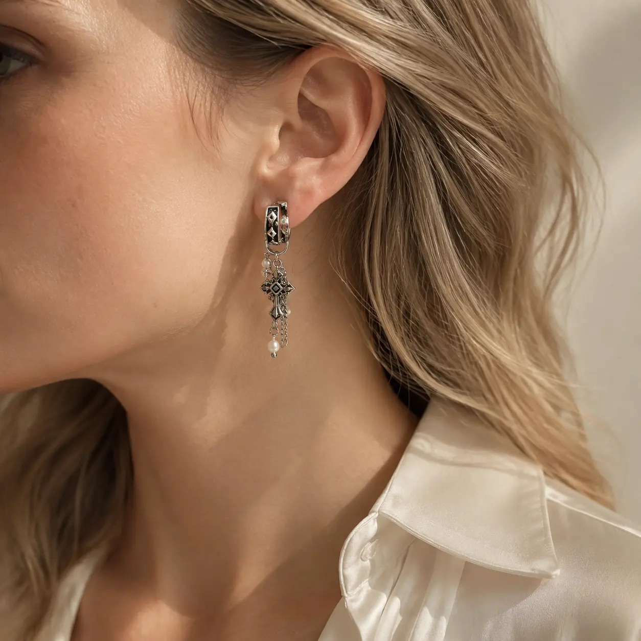 TRIJORA Gothic Cross Tassel Pearl Earrings detail 8
