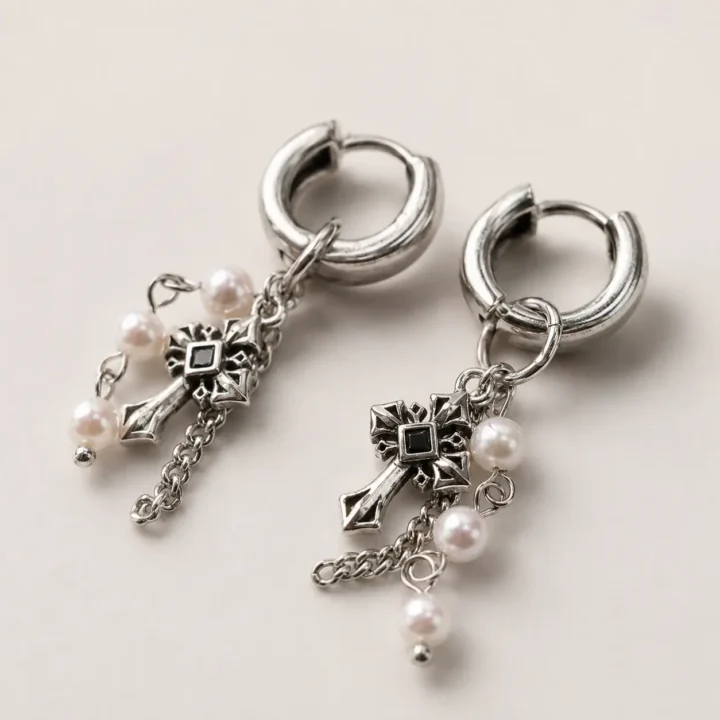 TRIJORA Gothic Cross Tassel Pearl Earrings