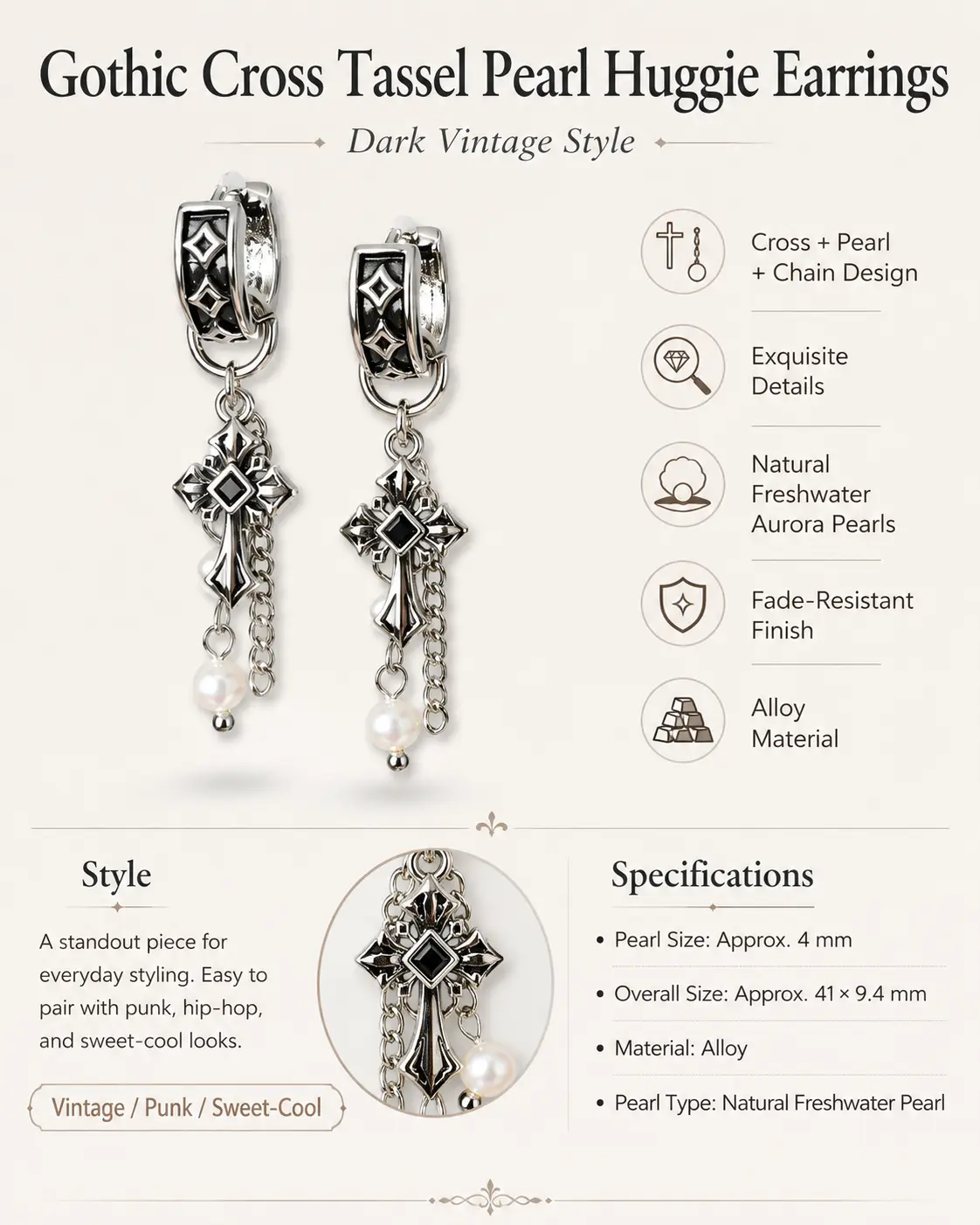 TRIJORA Gothic Cross Tassel Pearl Earrings detail 12