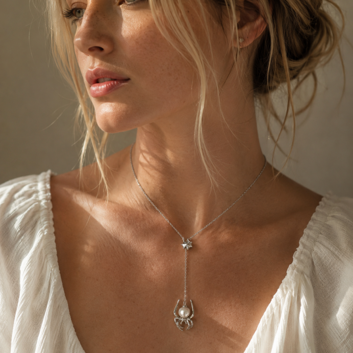 TRIJORA Spider & Web Edison Pearl Y-Necklace styled or worn view