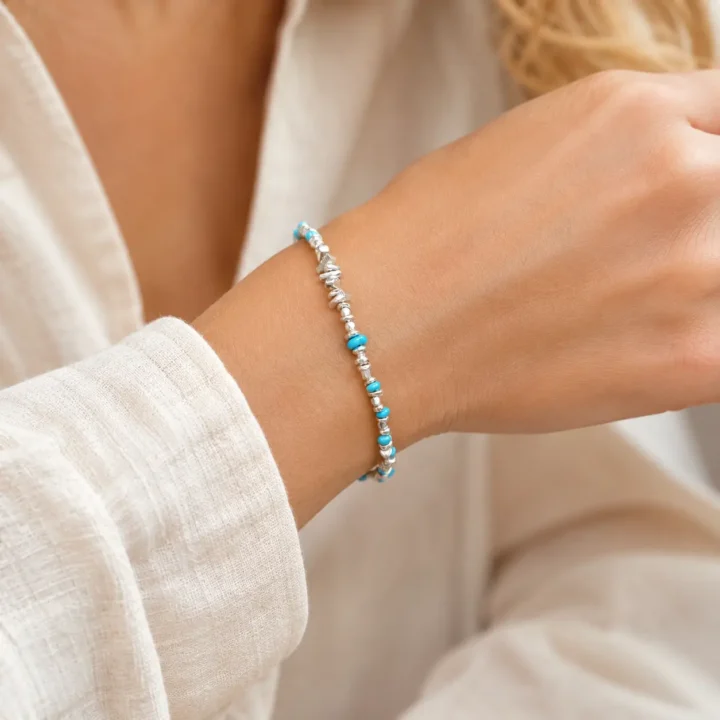TRIJORA Hubei Turquoise & Handmade Silver Bracelet styled or worn view