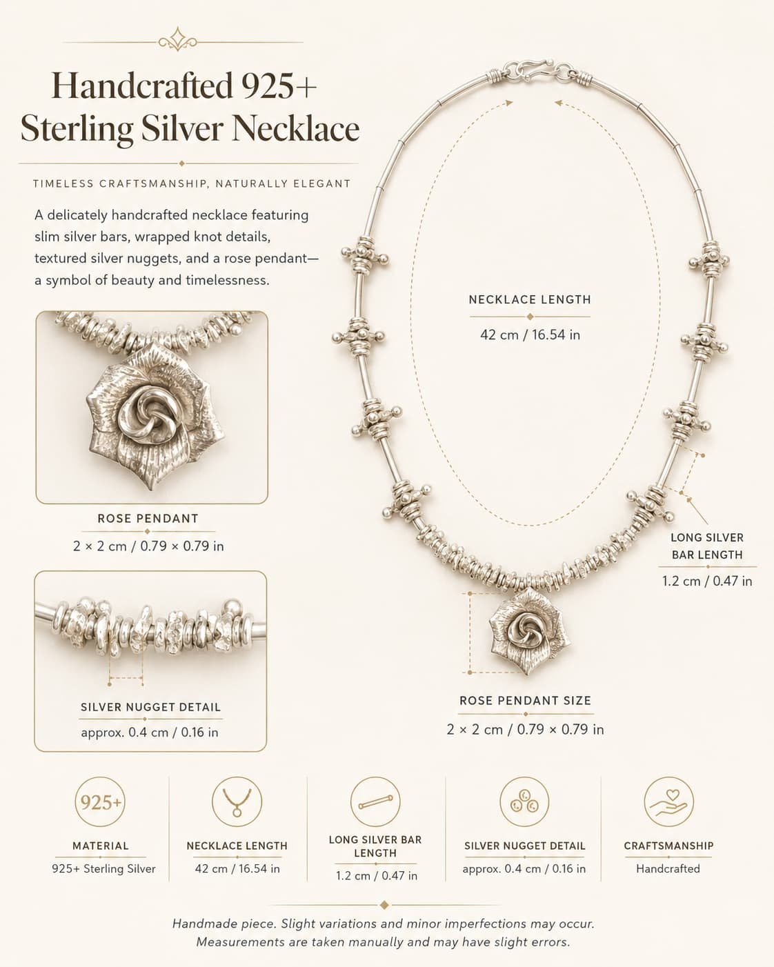 Handcrafted 925+ Sterling Silver Rose Necklace detail 10