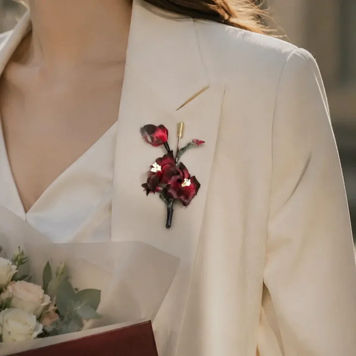 CRIMSON VEIL Handcrafted Silk Flower Brooch styled or worn view