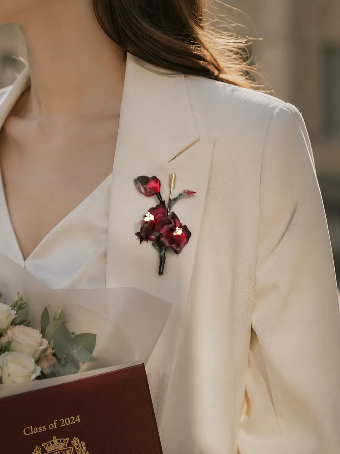 CRIMSON VEIL Handcrafted Silk Flower Brooch detail 2
