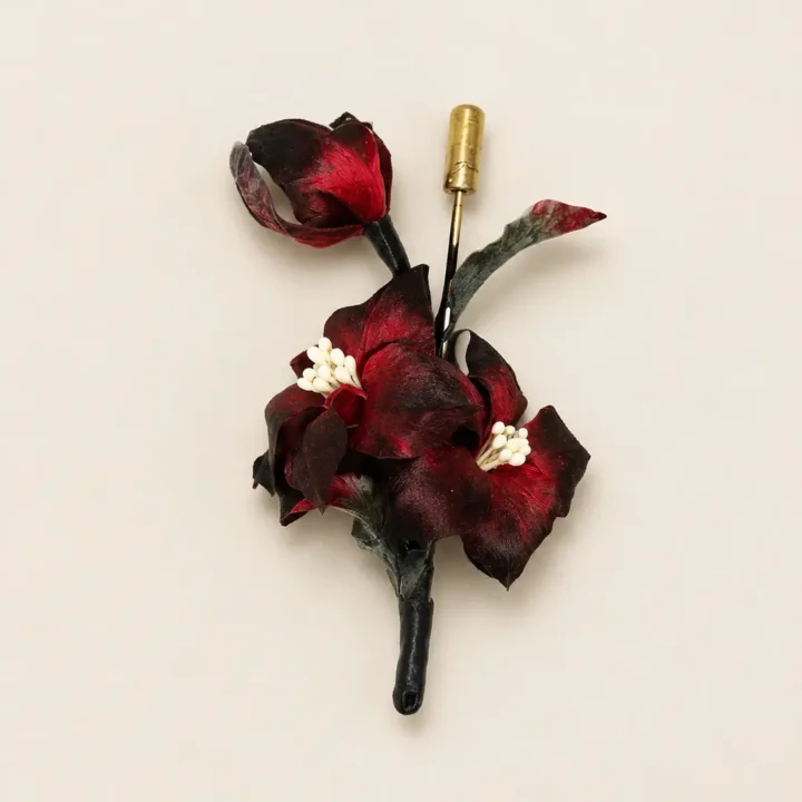 CRIMSON VEIL Handcrafted Silk Flower Brooch