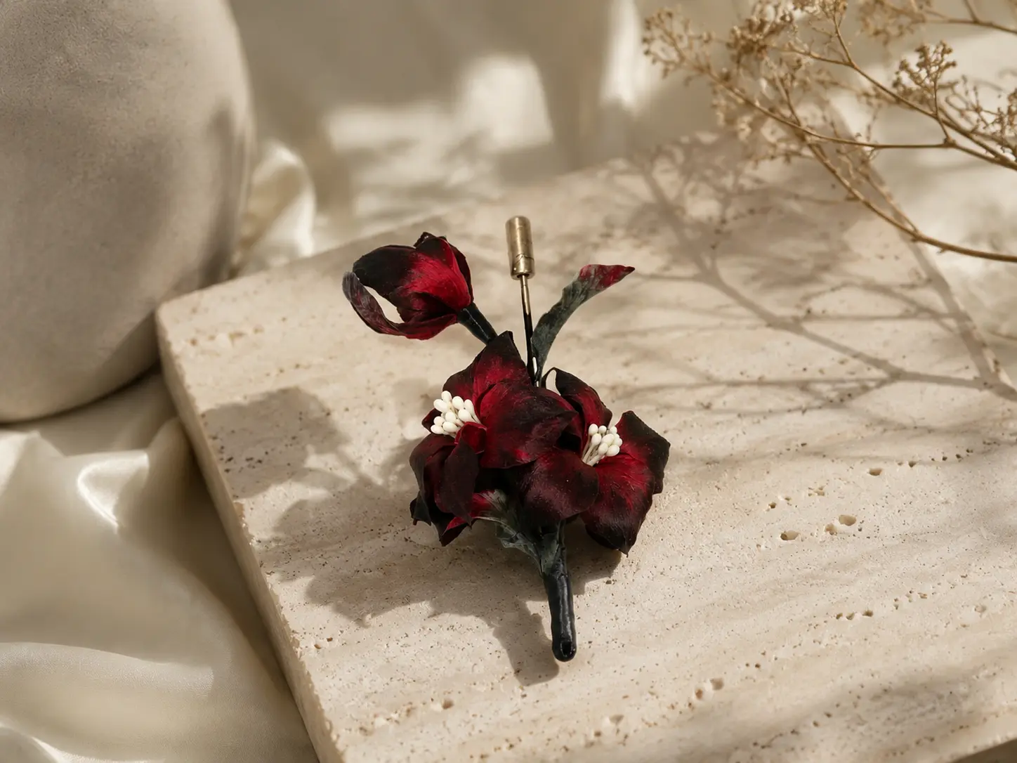 CRIMSON VEIL Handcrafted Silk Flower Brooch detail 4