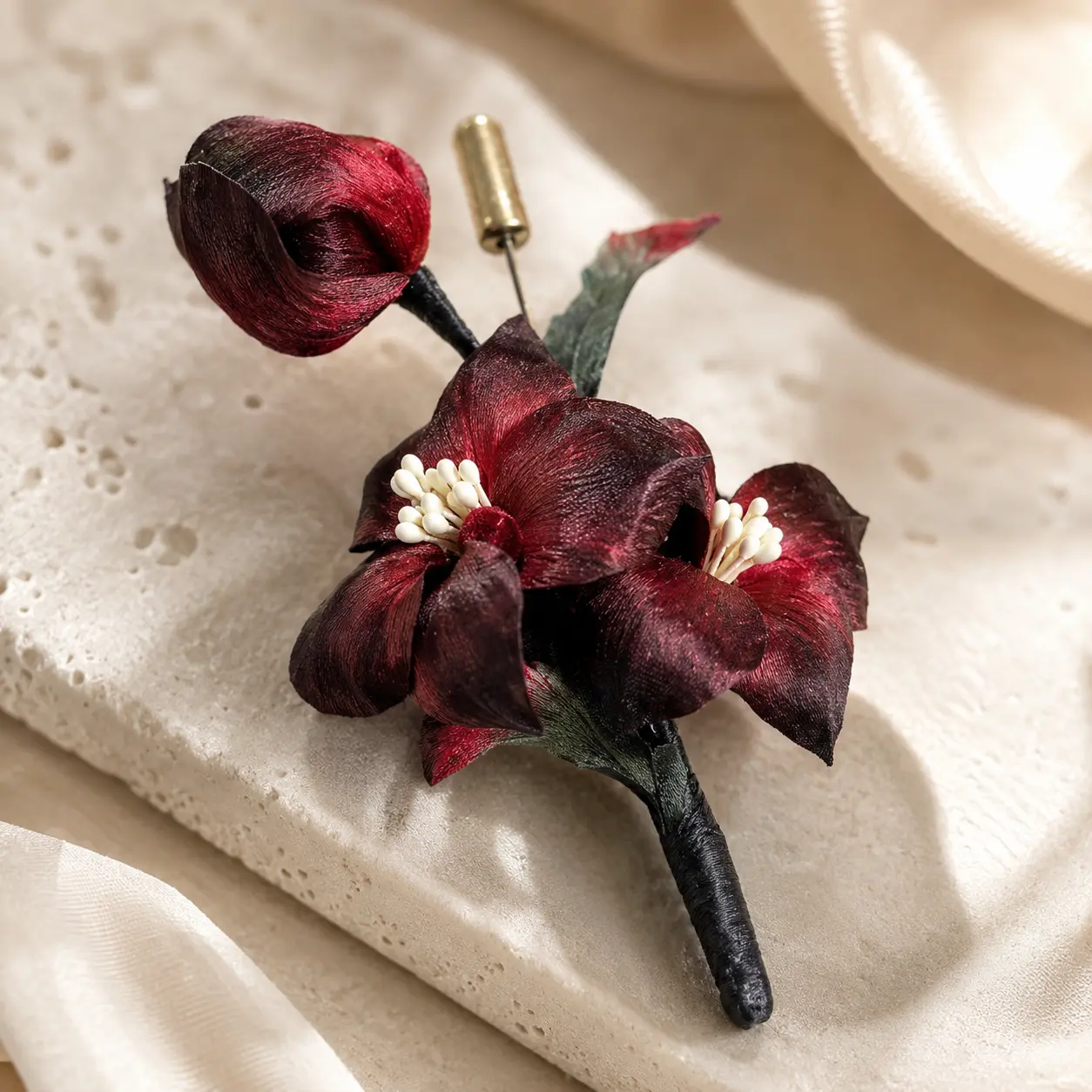 CRIMSON VEIL Handcrafted Silk Flower Brooch detail 3