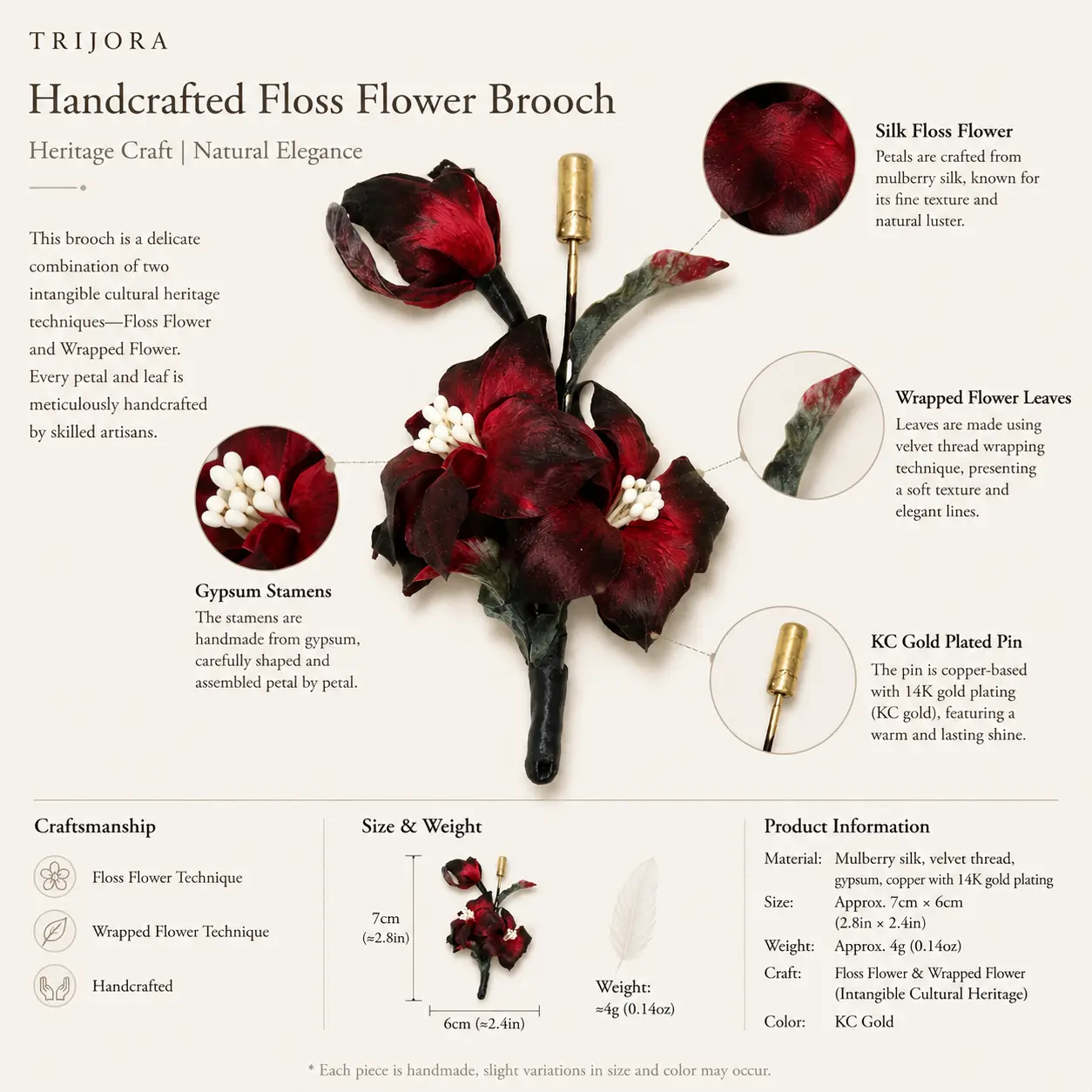 CRIMSON VEIL Handcrafted Silk Flower Brooch detail 6
