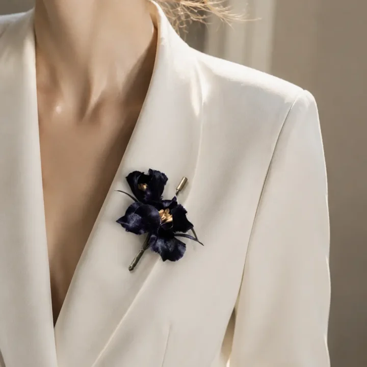 MIDNIGHT BLOOM Handcrafted Floss Flower Brooch styled or worn view