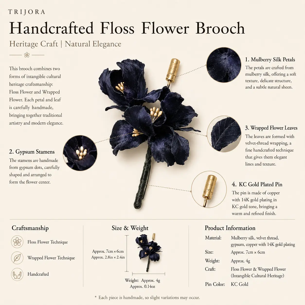 MIDNIGHT BLOOM Handcrafted Floss Flower Brooch detail 6