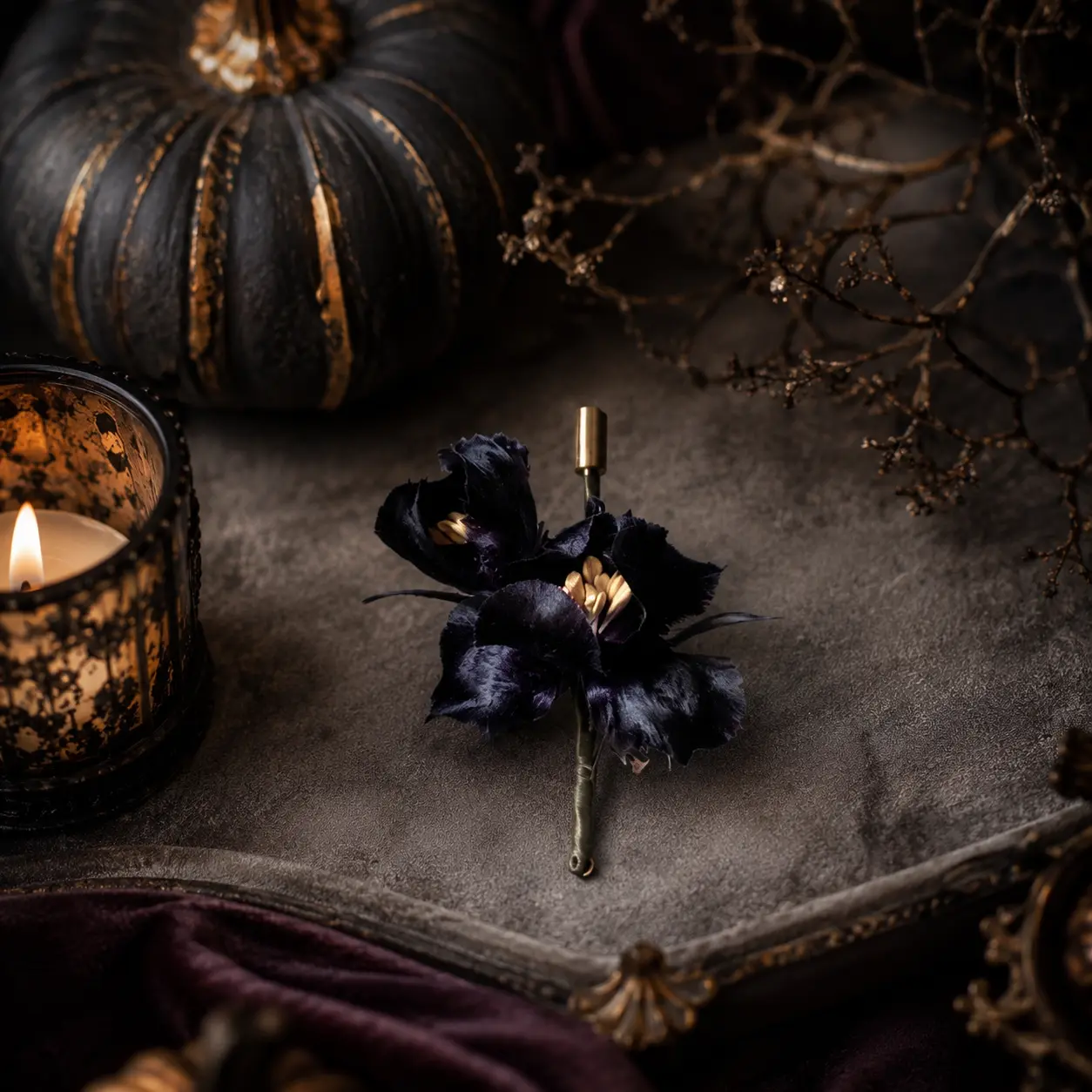 MIDNIGHT BLOOM Handcrafted Floss Flower Brooch detail 4