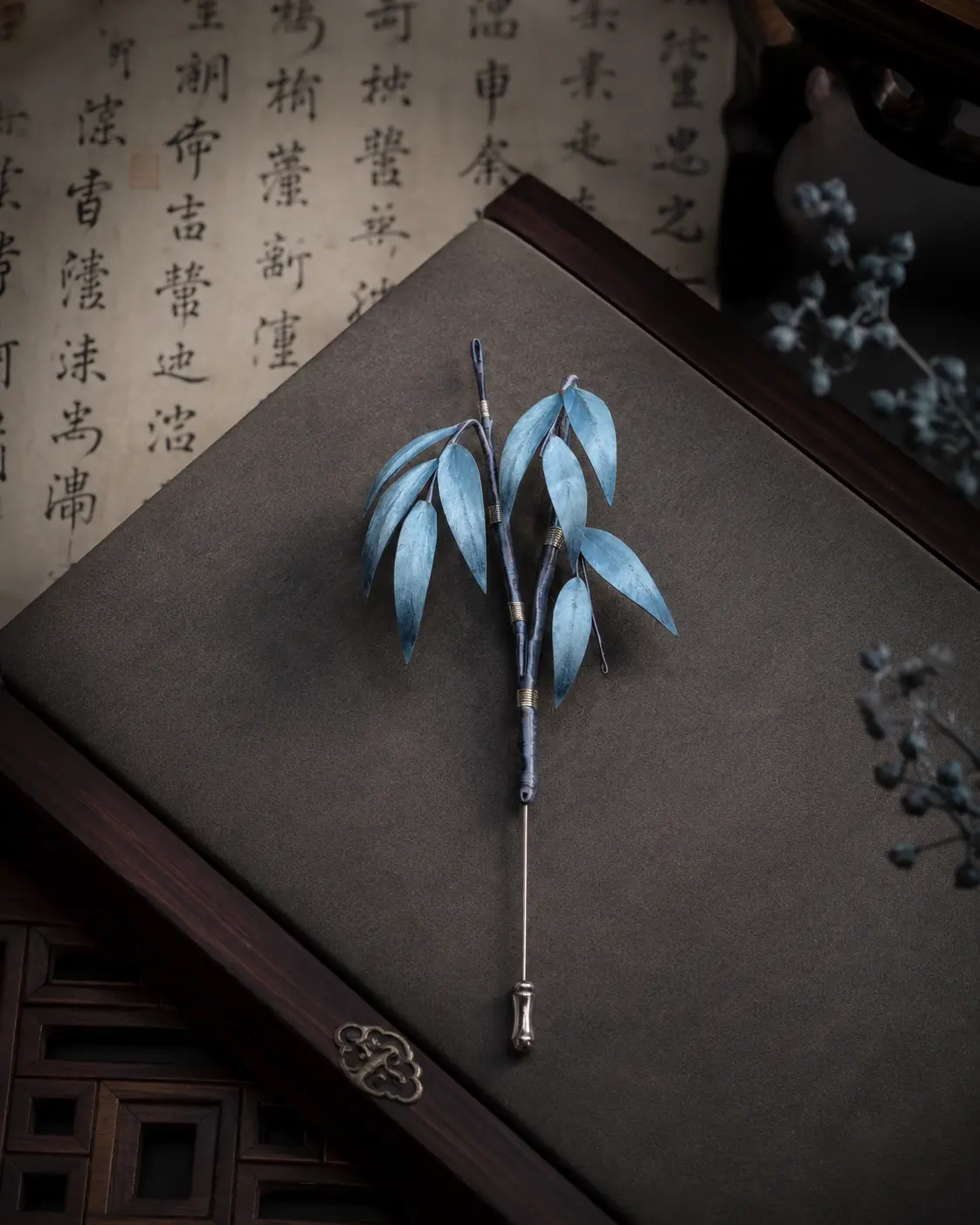 Bamboo in Blue — Handcrafted Silk Brooch detail 3